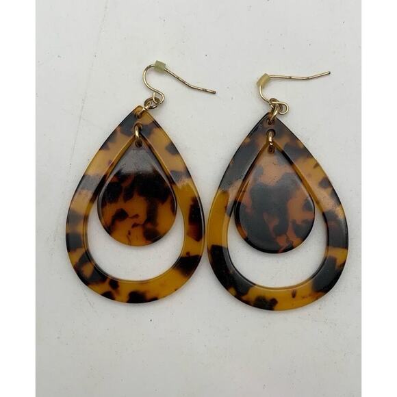 Large Faux Tortoise Shell Dangle Teardrop Shaped Statement Pierced Earrings - Picture 1 of 4